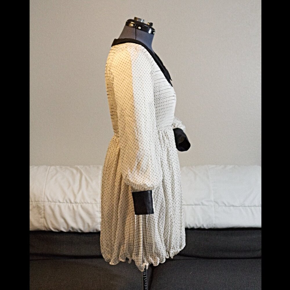 Pleated Long-Sleeve Black and White/Cream Polka Dot Fit and Flare Dress Medium - Picture 3 of 15
